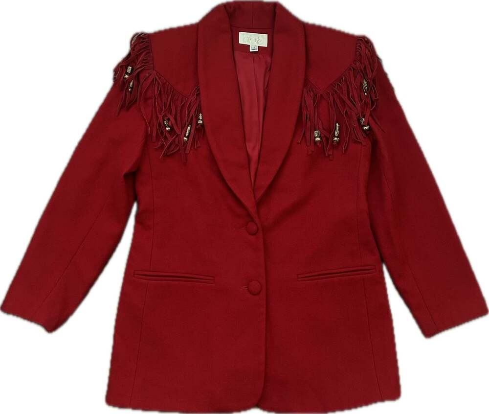 Caché Vintage Red Wool Western Blazer with Suede Fringe